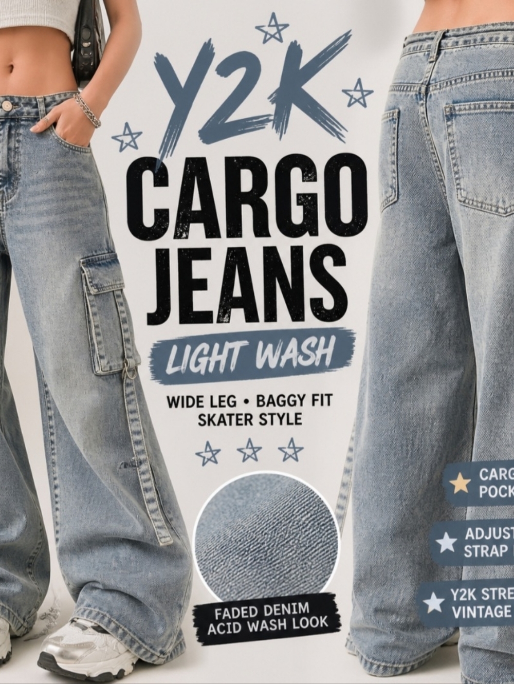 Y2K Light Wash Cargo Jeans | Low Rise Boyfriend Fit | Streetwear Baggy Denim | S